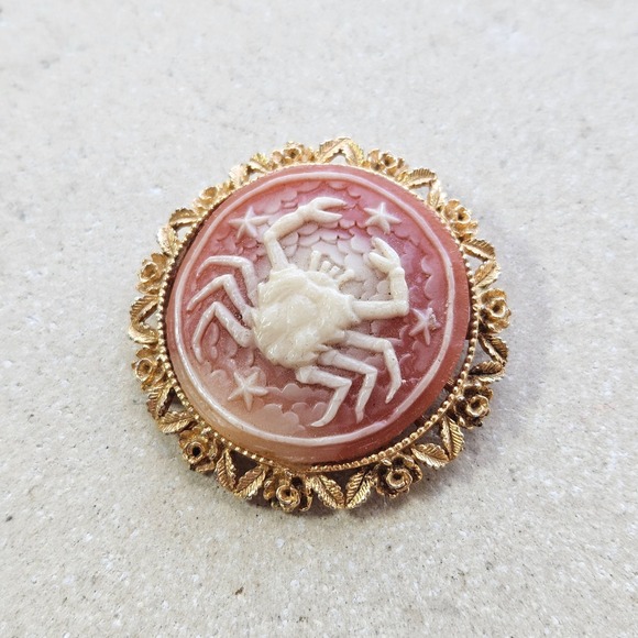 Jewelry - Vtg 60s 70s Cancer Zodiac Crab Cameo Brooch Gold Tone Nautical Pink Salmon Pin